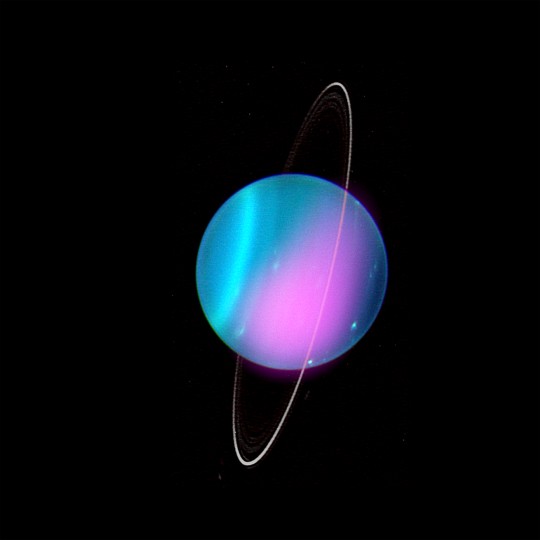 Urano con sus anillos delgados orbitando el planeta verticalmente (NASA)