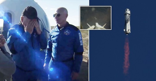 William Shatner (izquierda) hizo un viaje al espacio a bordo del cohete espacial privado multimillonario Jeff Bezos (derecha) (Imagen: Blue Origin)