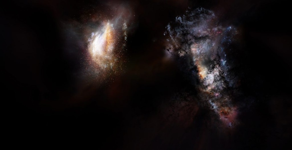 Impresión artística de un par de galaxias del universo temprano.
