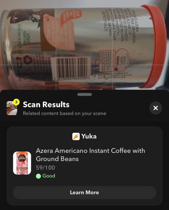Captura de pantalla del escáner de alimentos de Snapchat